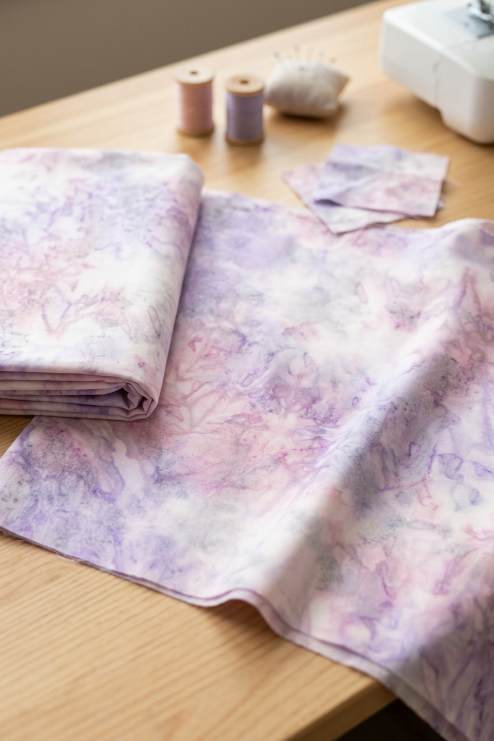 Color Play Mottled Lilac Lustre fabric by Riley Blake Designs, folded and draped across a sewing table with matching remnants, pink and lavender thread, a pincushion, and a sewing machine.