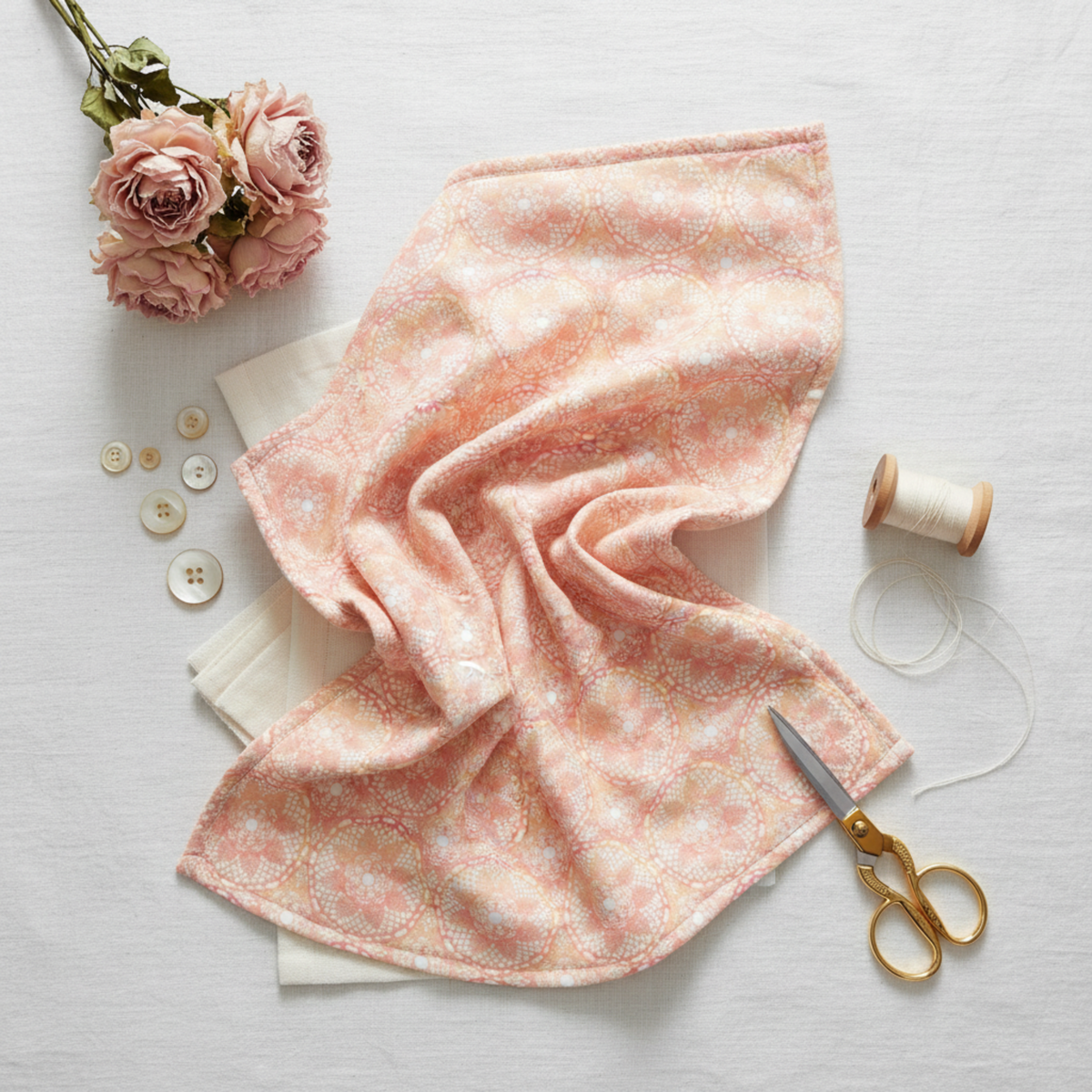 Patricia Coral Lace 3-Yard Cut quilting cotton by Jason Yenter for In The Beginning Fabrics — loosely draped on white linen with dried pale pink roses and peonies, pearl buttons, ivory thread spool, and gold scissors in a romantic feminine quilting flat lay.