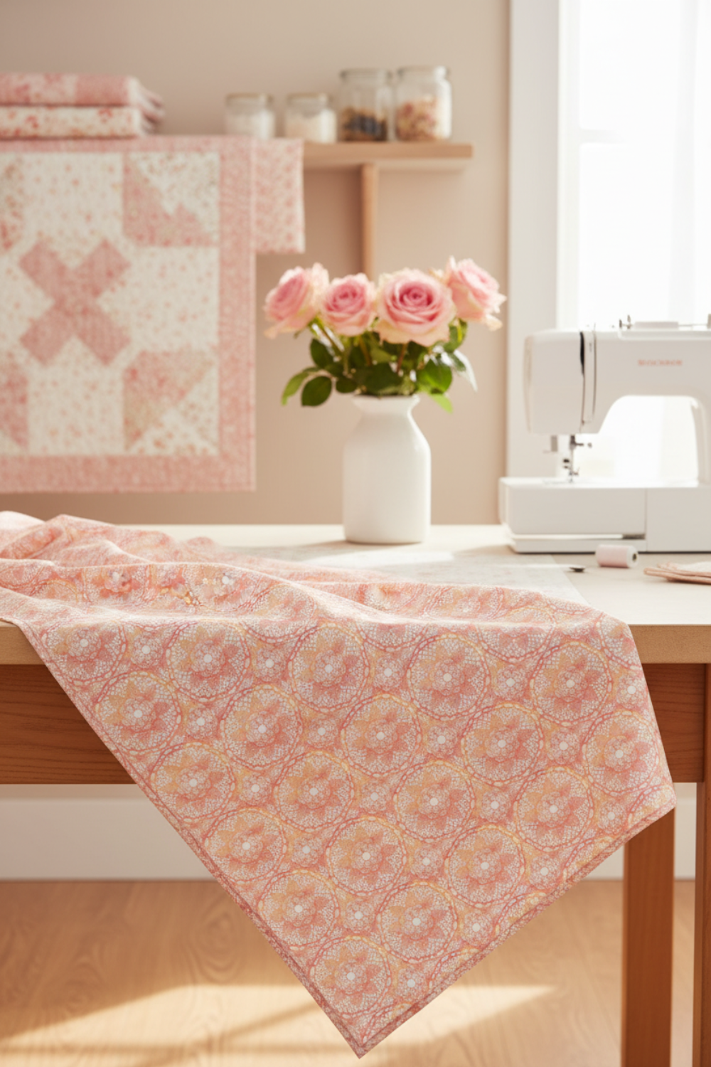 Patricia Coral Lace 3-Yard Cut quilting cotton by Jason Yenter for In The Beginning Fabrics — draped in the foreground of a bright romantic quilting studio with a soft blush and ivory patchwork quilt, white sewing machine, and vase of pink roses in the background. Coordinating fabrics and quilt patterns are available at IraRobi Quilts.