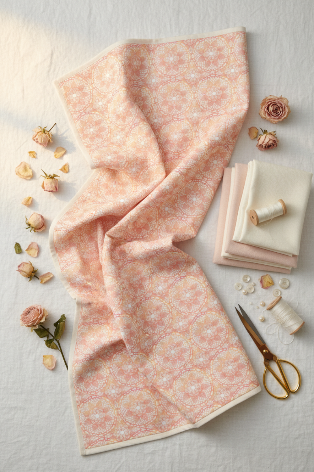 Patricia Coral Lace 3-Yard Cut quilting cotton by Jason Yenter for In The Beginning Fabrics — loosely draped on white linen with coordinating blush and ivory Patricia fabrics, dried pink roses, pearl buttons, gold scissors, and ivory thread spools in a romantic feminine quilting room. Coordinating fabrics and quilt patterns are available at IraRobi Quilts.