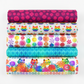 PAWsitivity Purple Field quilting cotton by Jason Yenter for In The Beginning Fabrics — shown in a coordinating fabric fold stack with rainbow cats on white, rainbow floral field on white, aqua tone-on-tone circles, and cats-in-flowers border print. Coordinating fabrics and quilt patterns are available at IraRobi Quilts.