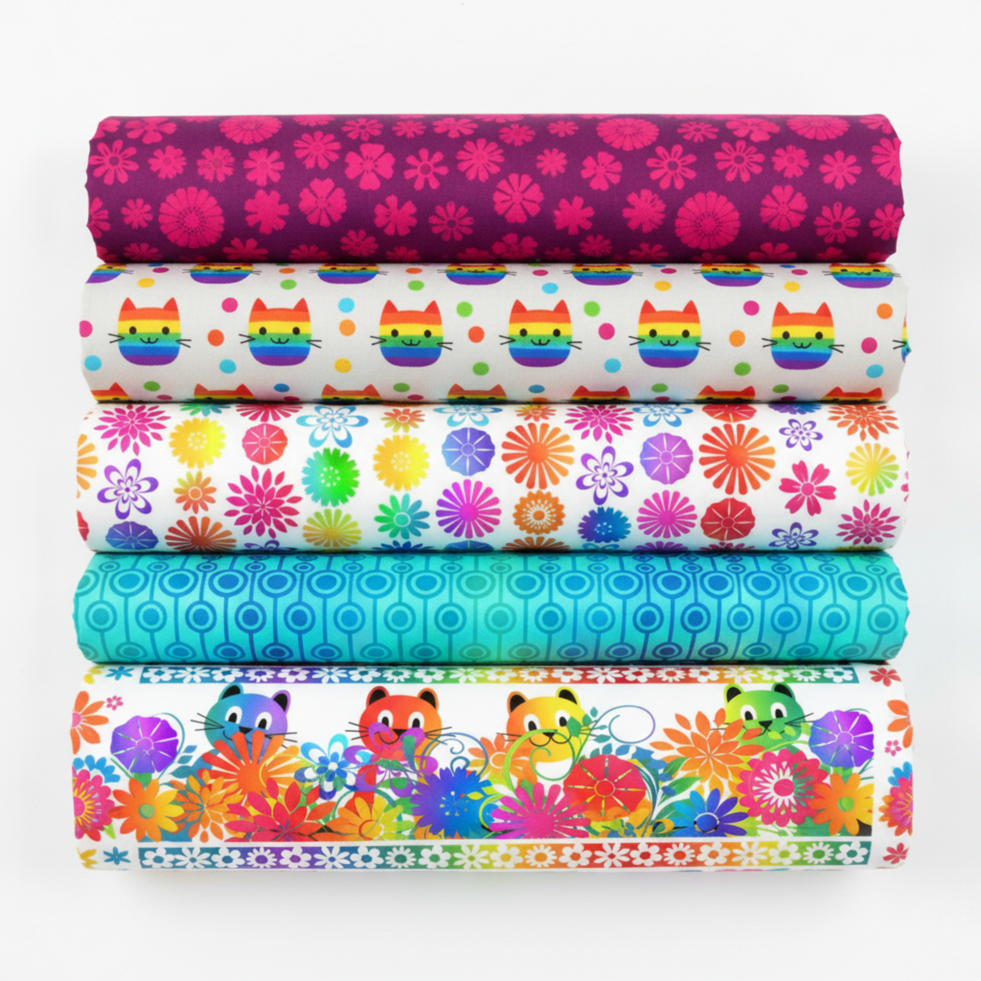 PAWsitivity Purple Field quilting cotton by Jason Yenter for In The Beginning Fabrics — shown in a coordinating fabric fold stack with rainbow cats on white, rainbow floral field on white, aqua tone-on-tone circles, and cats-in-flowers border print. Coordinating fabrics and quilt patterns are available at IraRobi Quilts.