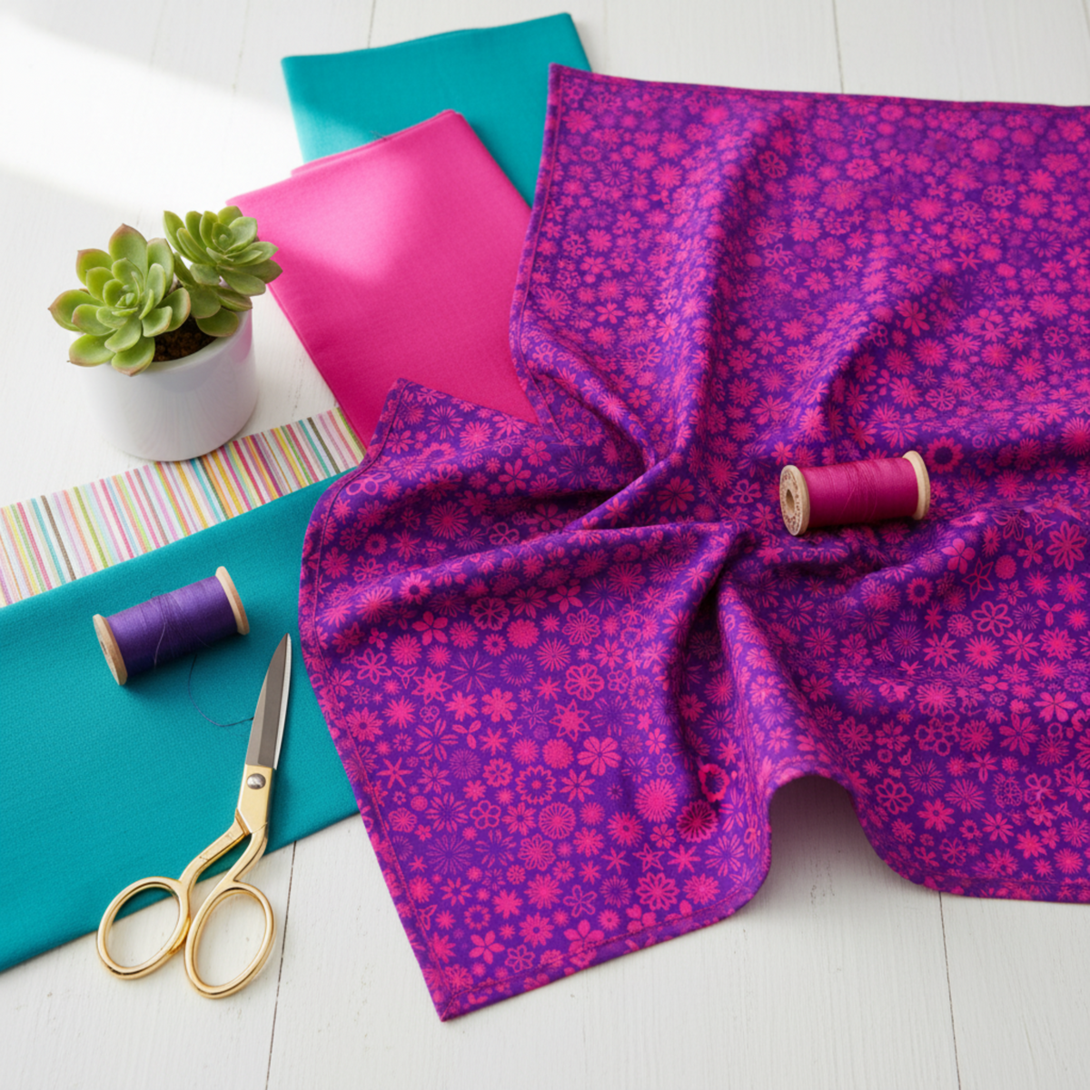 PAWsitivity Purple Field quilting cotton by Jason Yenter for In The Beginning Fabrics — loosely draped on a white wooden surface with coordinating hot pink and teal fabric swatches, purple and magenta thread spools, gold scissors, and a small succulent plant in a bright cheerful sewing room flat lay.