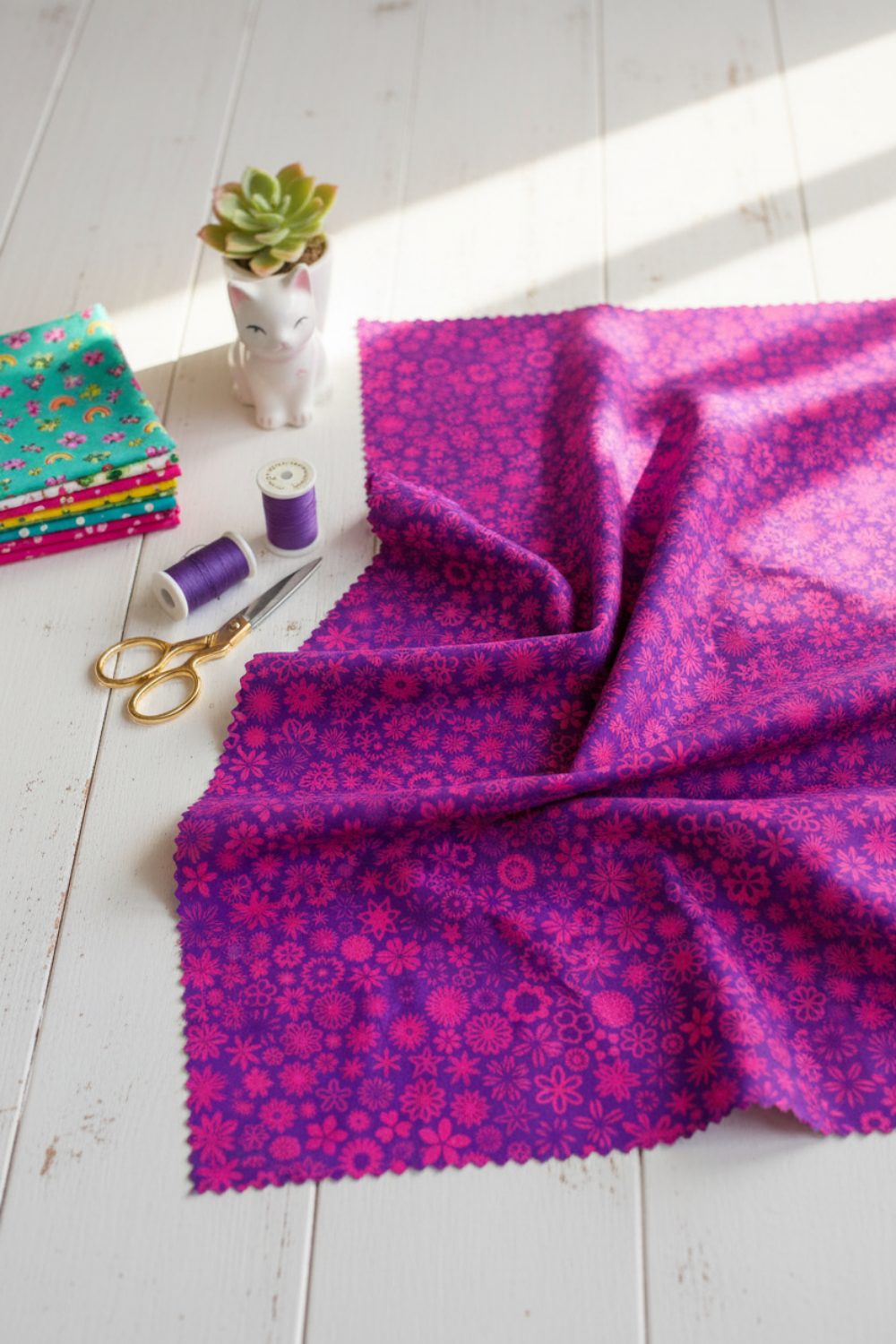 PAWsitivity Purple Field quilting cotton by Jason Yenter for In The Beginning Fabrics — loosely draped on a white wooden floor with a stack of coordinating PAWsitivity collection fabrics, purple thread spools, gold scissors, and a cat-shaped succulent planter in a bright natural-light sewing room. Coordinating fabrics and quilt patterns are available at IraRobi Quilts.