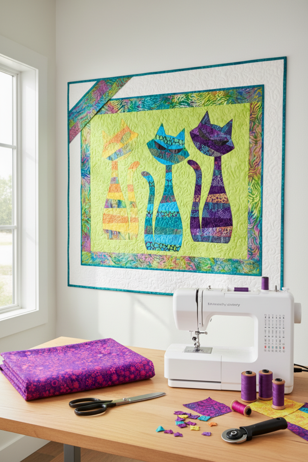 PAWsitivity Purple Field quilting cotton by Jason Yenter for In The Beginning Fabrics — work-in-progress ModCat Quilt Pattern by Colourwerx on a design wall in a bright modern sewing room, featuring the Purple Field fabric in the purple cat appliqué alongside teal and yellow coordinating fabrics, with purple and hot pink thread spools, rotary cutter, and fabric scraps on a wooden sewing table. Quilts shown for inspiration feature the ModCat Quilt Pattern by Colourwerx — available at IraRobi Quilt