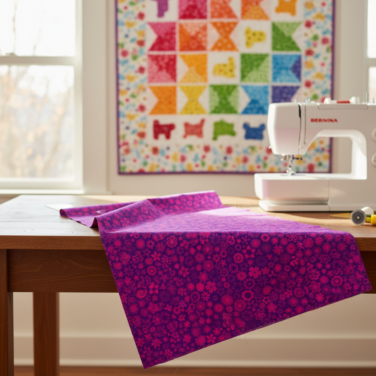 PAWsitivity Purple Field 3 Yard Cut quilting cotton by Jason Yenter for In The Beginning Fabrics — loosely draped in the foreground of a bright quilting studio with a colorful rainbow PAWsitivity half-square triangle quilt and Bernina sewing machine in the background. Quilts shown for inspiration feature the ModCat Quilt Pattern by Colourwerx — available at IraRobi Quilts.