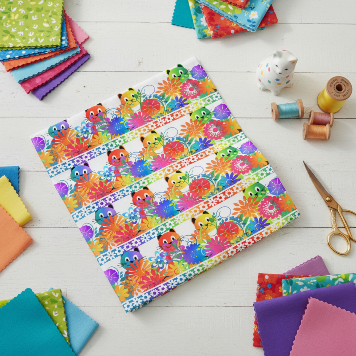 PAWsitivity White Border Stripe quilting cotton by Jason Yenter for In The Beginning Fabrics — folded flat on a white wooden surface surrounded by colorful pinking-sheared fabric swatches in rainbow and jewel tones, wooden thread spools, gold scissors, and a ceramic cat figurine in a bright cheerful sewing room flat lay