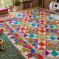 PAWsitivity White Border Stripe quilting cotton by Jason Yenter for In The Beginning Fabrics — shown as the outer border on a colorful rainbow half-square triangle quilt spread across a cutting table in a bright quilting studio, with a Bernina sewing machine, rotary cutter, cutting mat, and shelves of fabric bolts in the background. Coordinating fabrics and quilt patterns are available at IraRobi Quilts.