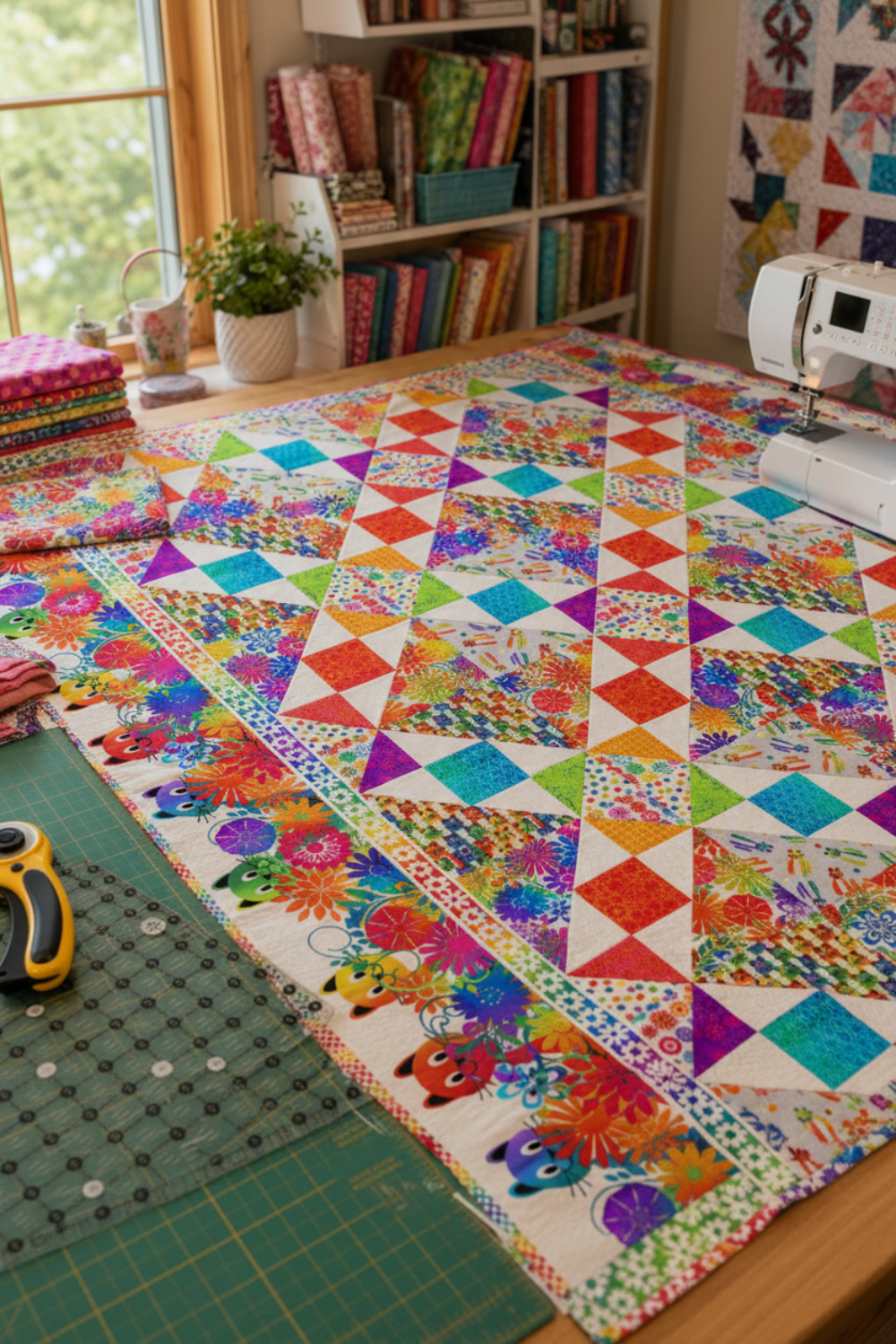PAWsitivity White Border Stripe quilting cotton by Jason Yenter for In The Beginning Fabrics — shown as the outer border on a colorful rainbow half-square triangle quilt spread across a cutting table in a bright quilting studio, with a Bernina sewing machine, rotary cutter, cutting mat, and shelves of fabric bolts in the background. Coordinating fabrics and quilt patterns are available at IraRobi Quilts.