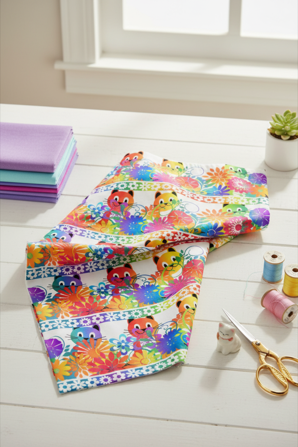 PAWsitivity White Border Stripe quilting cotton by Jason Yenter for In The Beginning Fabrics — loosely draped on a white wooden surface with coordinating PAWsitivity fabrics in purple, teal, and rainbow tones, rainbow thread spools, gold scissors, and a ceramic cat figurine in a bright natural-light quilting room. Coordinating fabrics and quilt patterns are available at IraRobi Quilts.