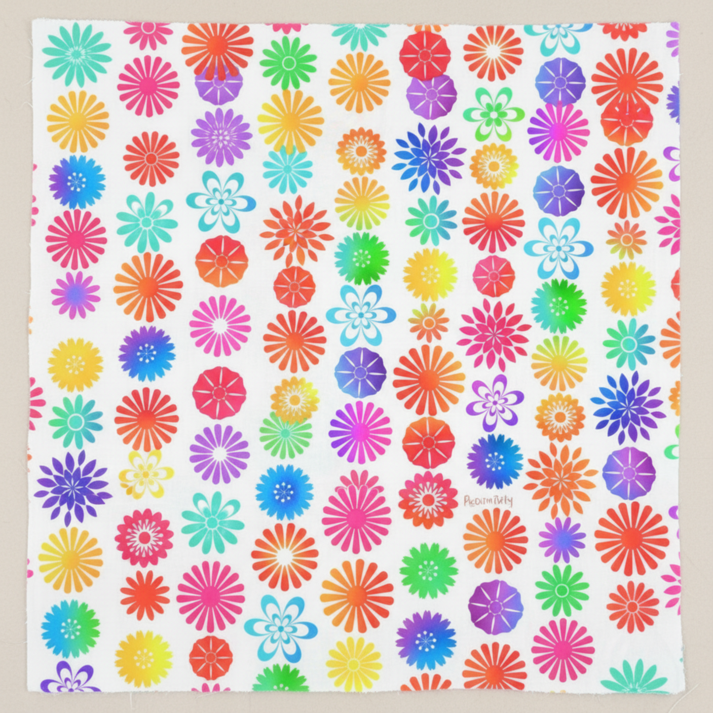 PAWsitivity White Flower Stripe quilting cotton by Jason Yenter for In The Beginning Fabrics — close-up flat lay showing bold large-scale tossed geometric flower silhouettes — pinwheels, dahlias, sunbursts, daisies, asters, and lotus-style blooms — each in a single vivid hue or rainbow gradient on a crisp bright white ground, 100% cotton, 43–44" wide.