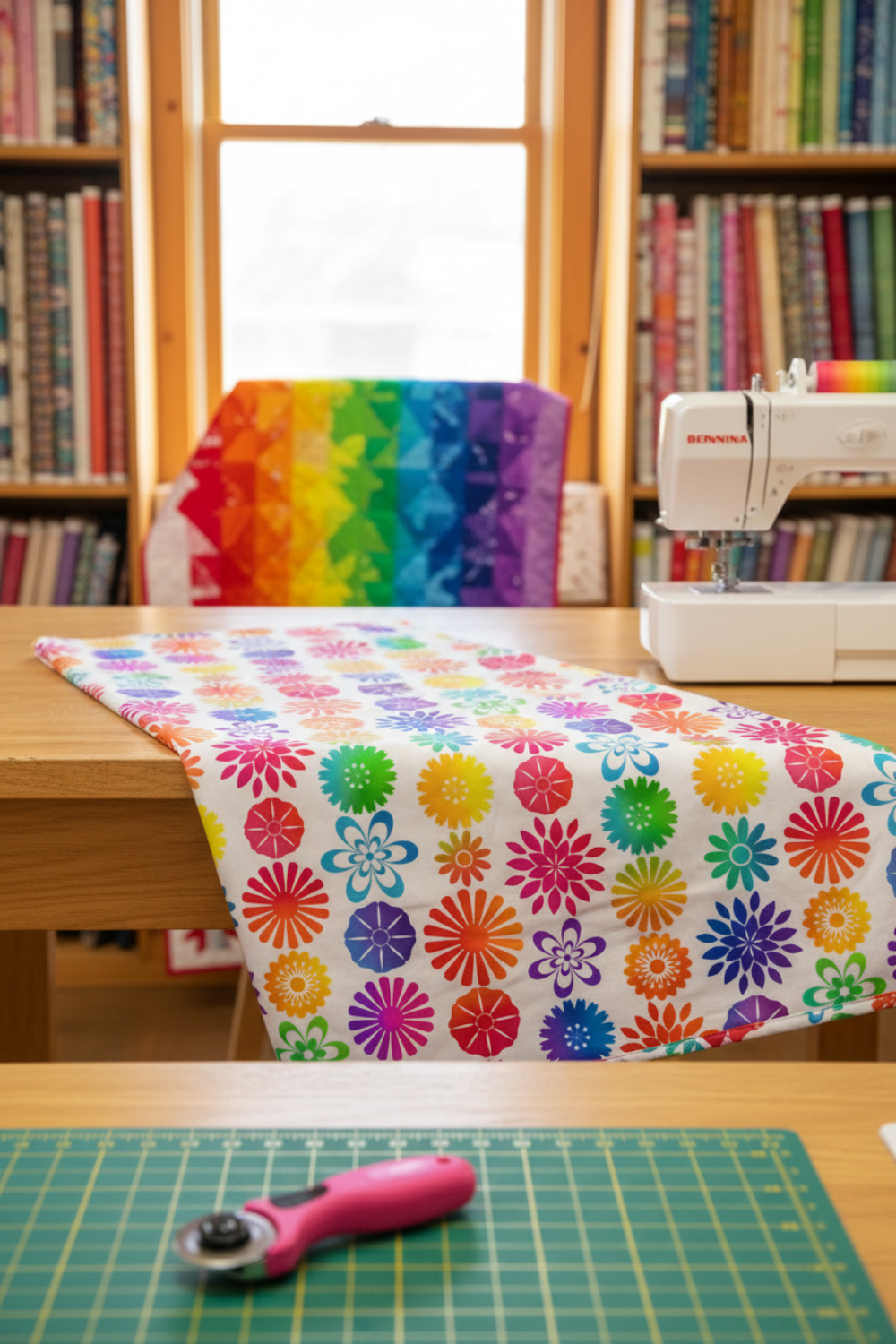 PAWsitivity White Flower Stripe quilting cotton by Jason Yenter for In The Beginning Fabrics — draped in the foreground of a bright quilting studio with a colorful rainbow jewel-tone quilt, Bernina sewing machine, rotary cutter, cutting mat, and shelves of fabric bolts in the background. Coordinating fabrics and quilt patterns are available at IraRobi Quilts.