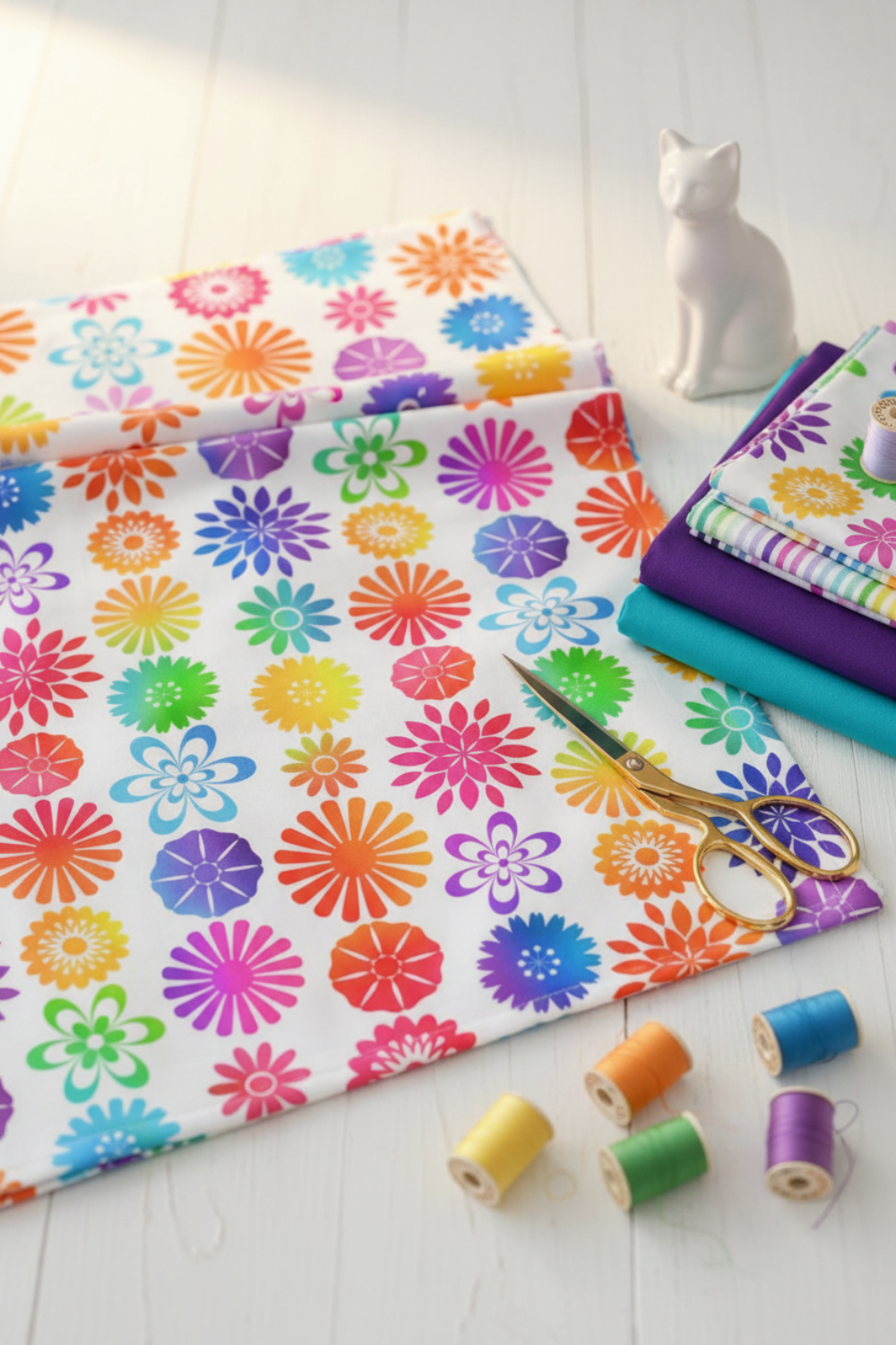 PAWsitivity White Flower Stripe quilting cotton by Jason Yenter for In The Beginning Fabrics — loosely draped on a white wooden surface with coordinating PAWsitivity fabrics in purple, teal, and rainbow tones, rainbow thread spools, gold scissors, and a white ceramic cat figurine. Coordinating fabrics and quilt patterns are available at IraRobi Quilts.
