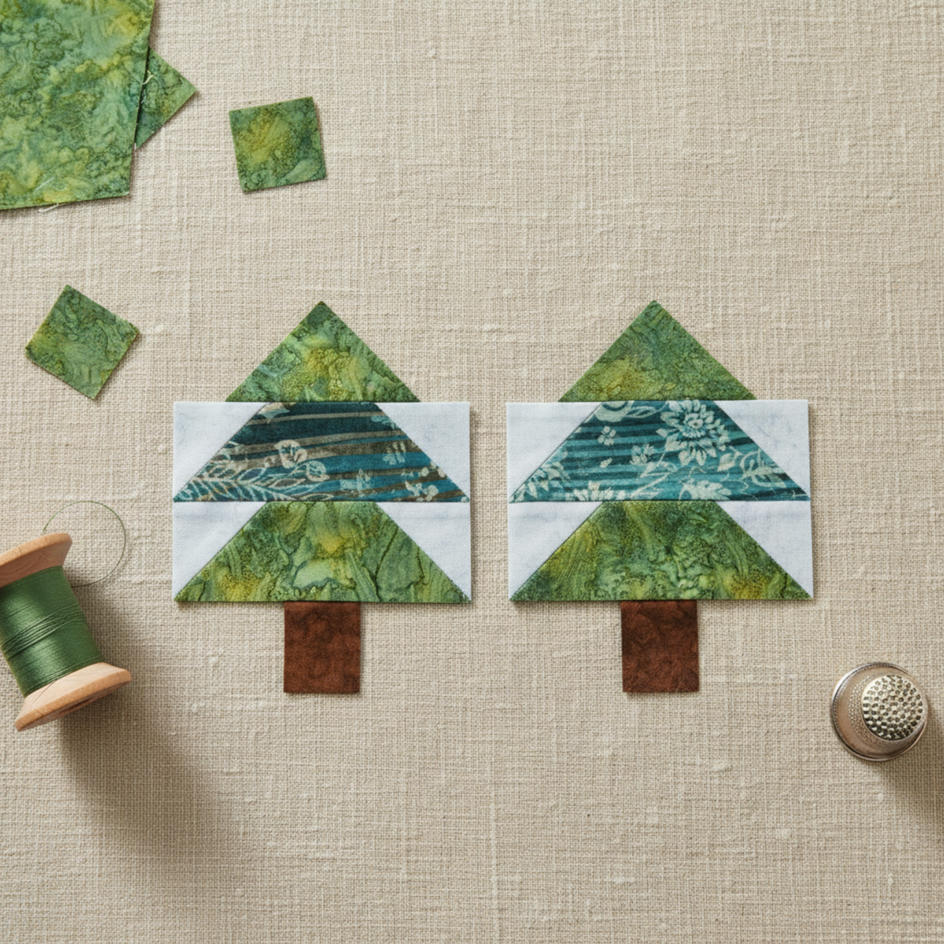 Quilting work-in-progress flat lay showing two Pine Tree quilt blocks pieced with Expressions Batiks Hand-Dyes Amazon fabric by Riley Blake Designs – rich jungle green hand-dyed batik in stacked triangle tiers with brown tonal batik trunks, with a green thread spool and silver thimble on a warm linen surface