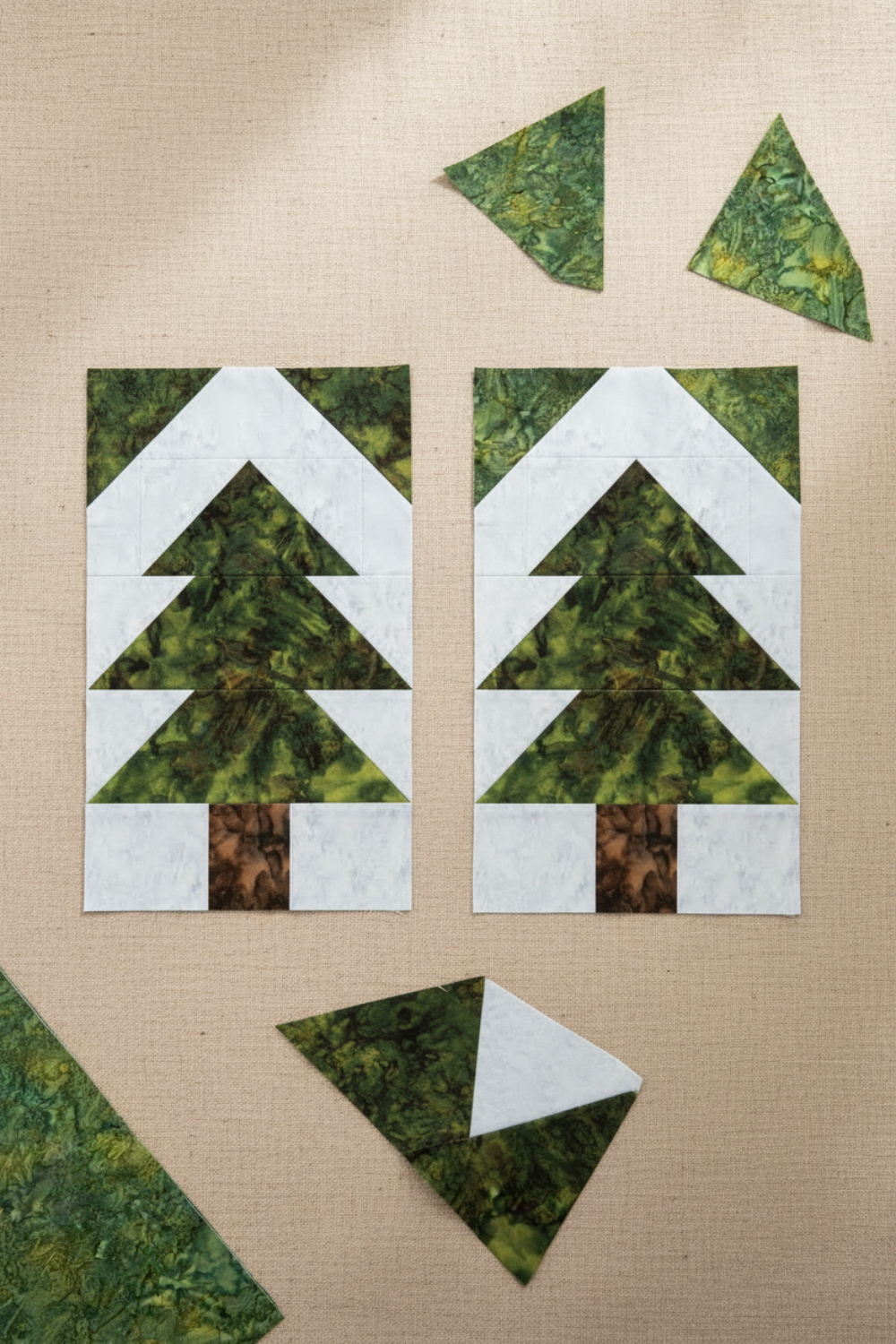 Quilting work-in-progress flat lay showing two Pine Tree quilt blocks pieced with Expressions Batiks Hand-Dyes Amazon fabric by Riley Blake Designs – rich jungle green hand-dyed batik with golden-yellow undertones in stacked triangle tiers on a light icy blue-grey batik background, with loose cut fabric pieces scattered on a warm linen surface