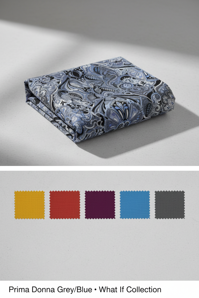 What If Prima Donna Grey/Blue fabric color palette card showing coordinating quilting cotton swatches — Paula Nadelstern for Benartex