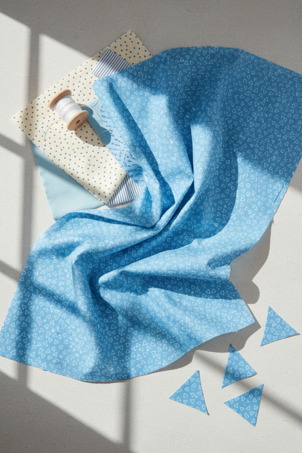 Safari Fun Floating Triangles Blue quilting fabric by Terry Runyan for Benartex – draped with coordinating sewing notions and cut triangle quilt pieces, light grey background