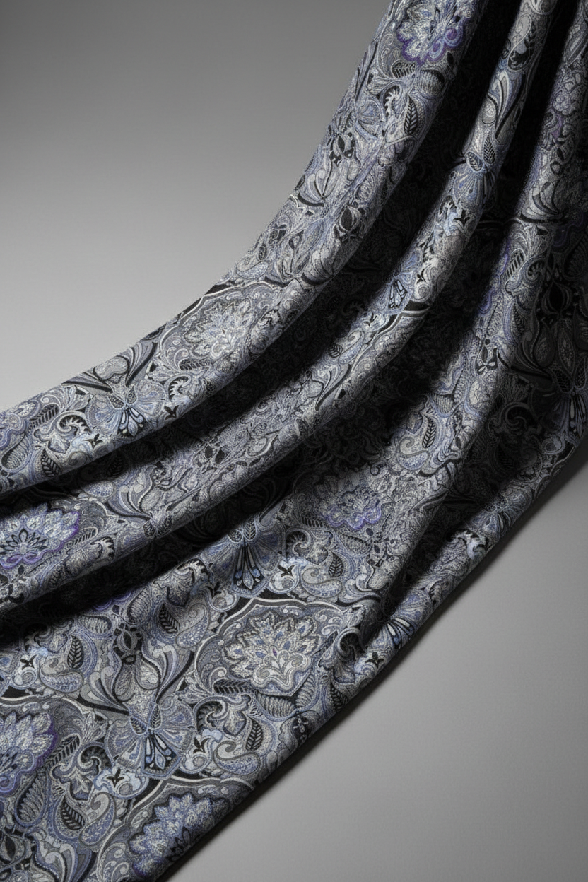 What If Prima Donna Grey/Blue baroque damask quilting fabric draped elegantly, Paula Nadelstern for Benartex, sophisticated medallion print