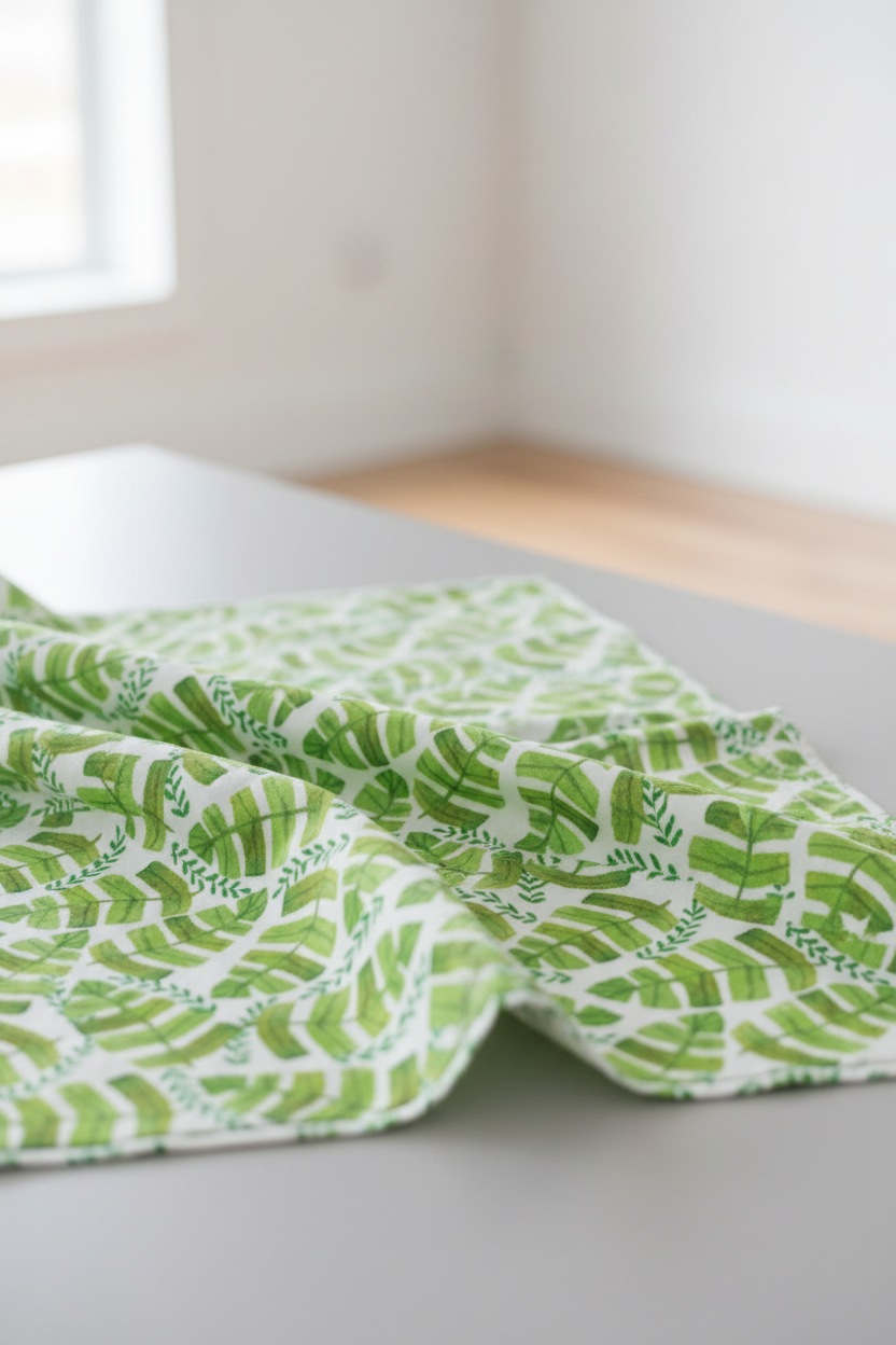 Safari Fun Jungle Leaves White quilting cotton softly draped in a bright airy studio — fresh watercolor banana leaves and fern sprigs on white by Terry Runyan for Benartex | IraRobi Quilts