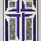 The Wondrous Cross handmade quilted wall hanging with a white cross, purple and teal patchwork, floral batik panels, and dark purple binding against a light-grey background.