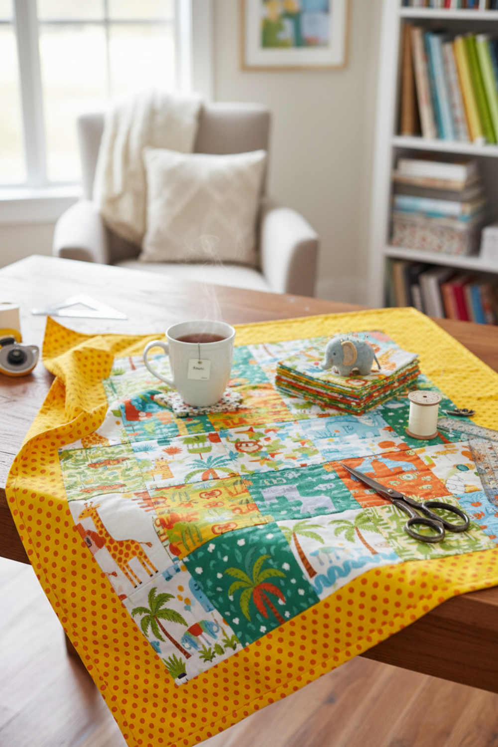 Safari Fun quilt in progress on a wooden table with yellow polka dot border fabric, tea mug, scissors, and thread in a cozy quilting workspace — IraRobi Quilts