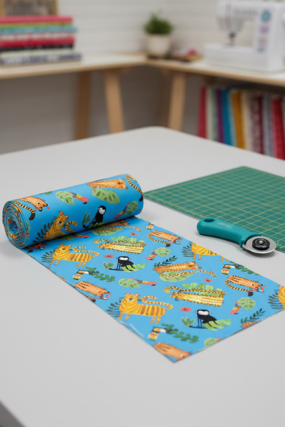 Safari Fun Playful Safari Blue quilting cotton rolled on a bolt with a teal rotary cutter on a green cutting mat — whimsical tigers, leopards, monkeys, and toucans by Terry Runyan for Benartex | IraRobi Quilts