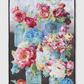 Vase with Flowers handmade wall quilt featuring colorful blooms in blue glass jars, diagonal quilting, and dark binding against a light-grey background.
