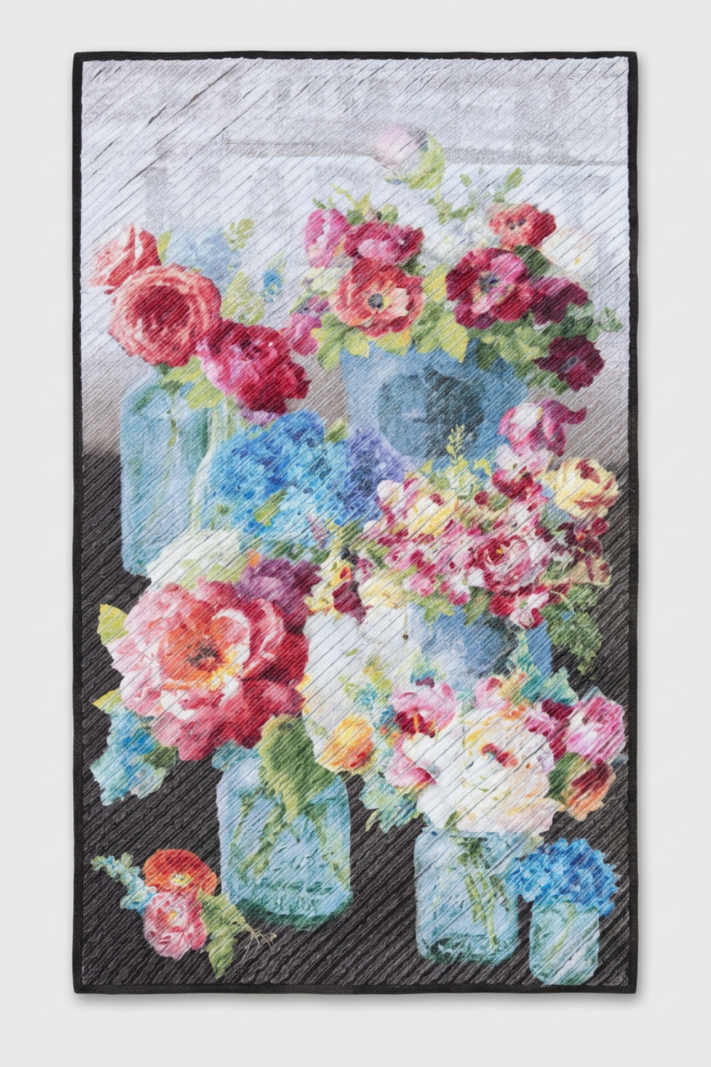Vase with Flowers handmade wall quilt featuring colorful blooms in blue glass jars, diagonal quilting, and dark binding against a light-grey background.
