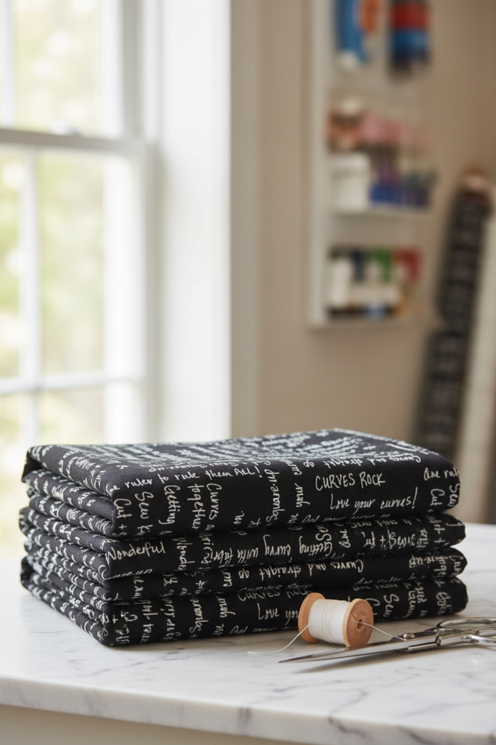 Writing on the Wall Curves Black quilting cotton flat lay with thread spools, scissors and buttons – bold black and white script print by FreeSpirit Fabrics