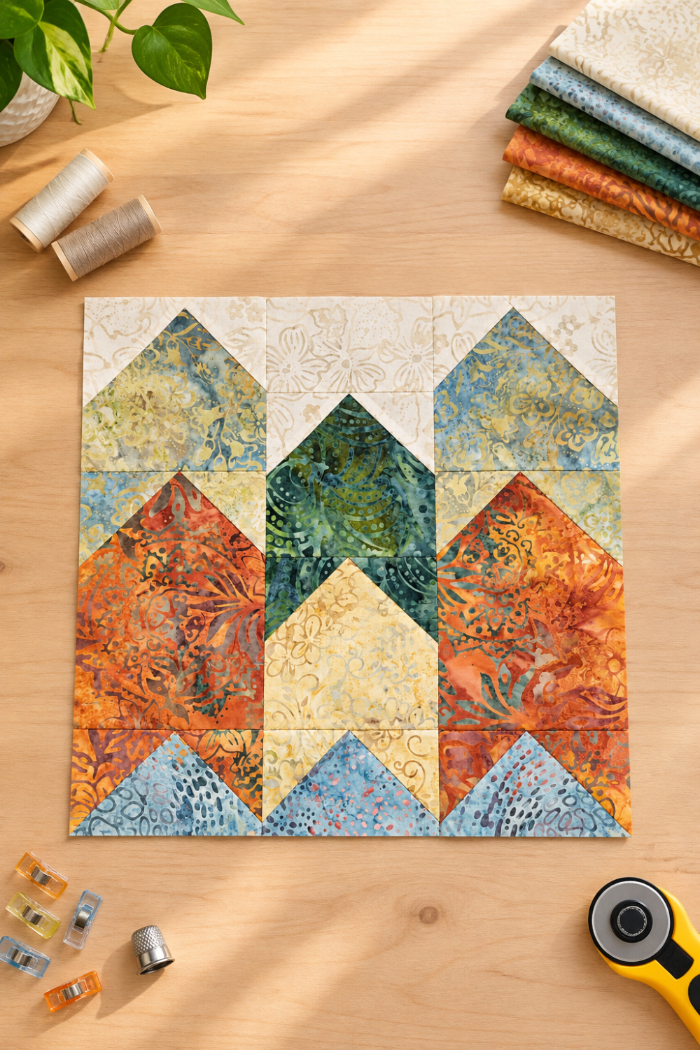 Windsong Block of the Month quilt block by Wing and a Prayer Design, styled on a sewing-room table with coordinating Tonga Batik scraps, thread, clips, a rotary cutter, and thimble. Quilt block and coordinating fabrics are shown for inspiration; patterns are not included with this fabric.