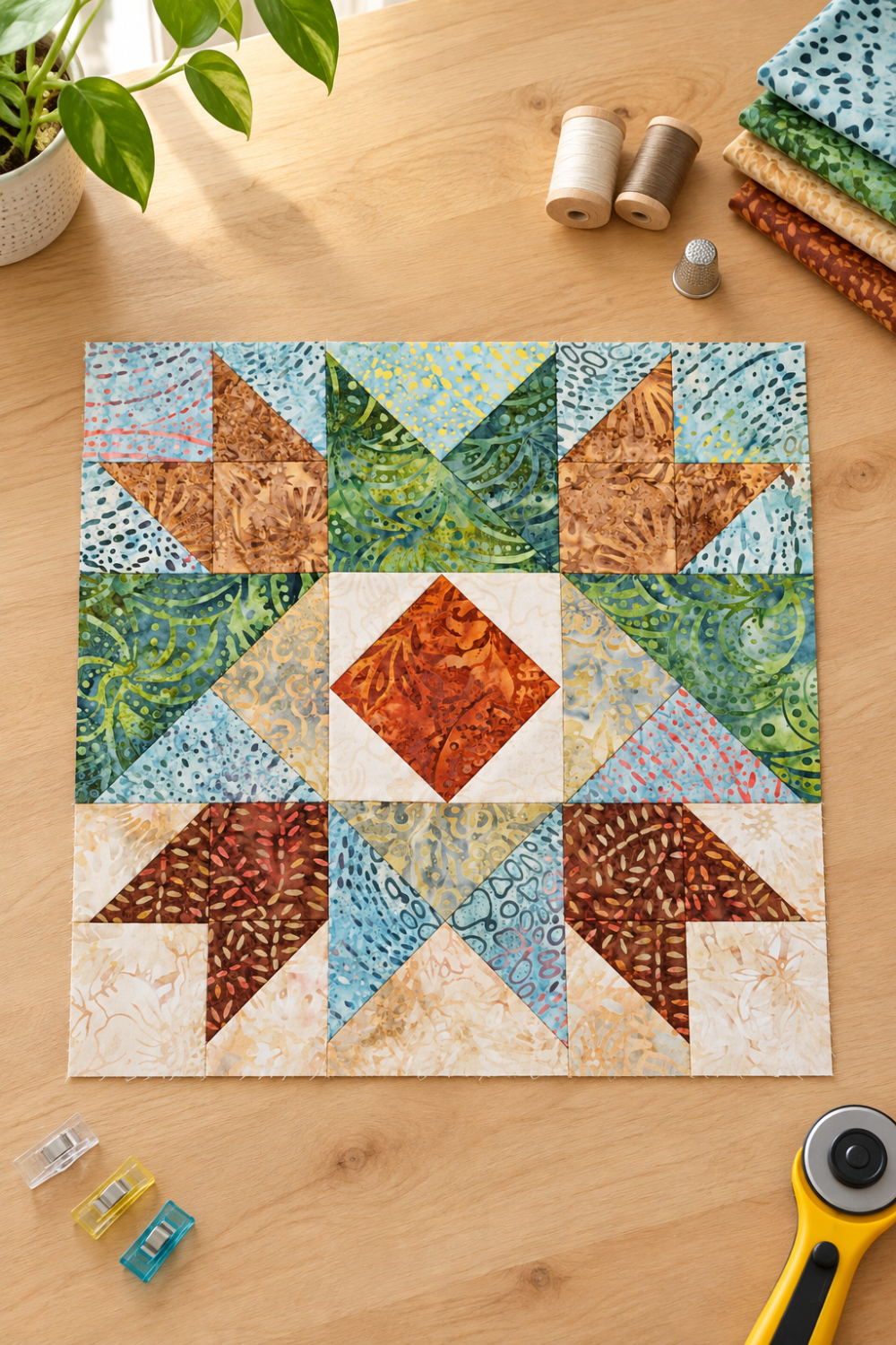 Sunset quilt block from the Windsong Block of the Month program by Wing and a Prayer Design, styled on a sewing table with coordinating Tonga Batiks, thread, clips, a rotary cutter, and thimble. Quilt block shown for inspiration. Coordinating fabrics and quilt patterns are available at IraRobi Quilts.