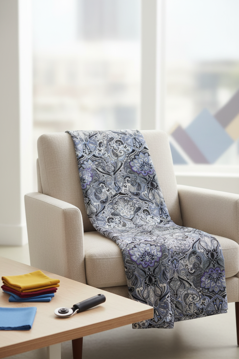 What If Prima Donna Grey/Blue quilting fabric draped over neutral chair in bright quilting studio with coordinating fabric stack and rotary cutter