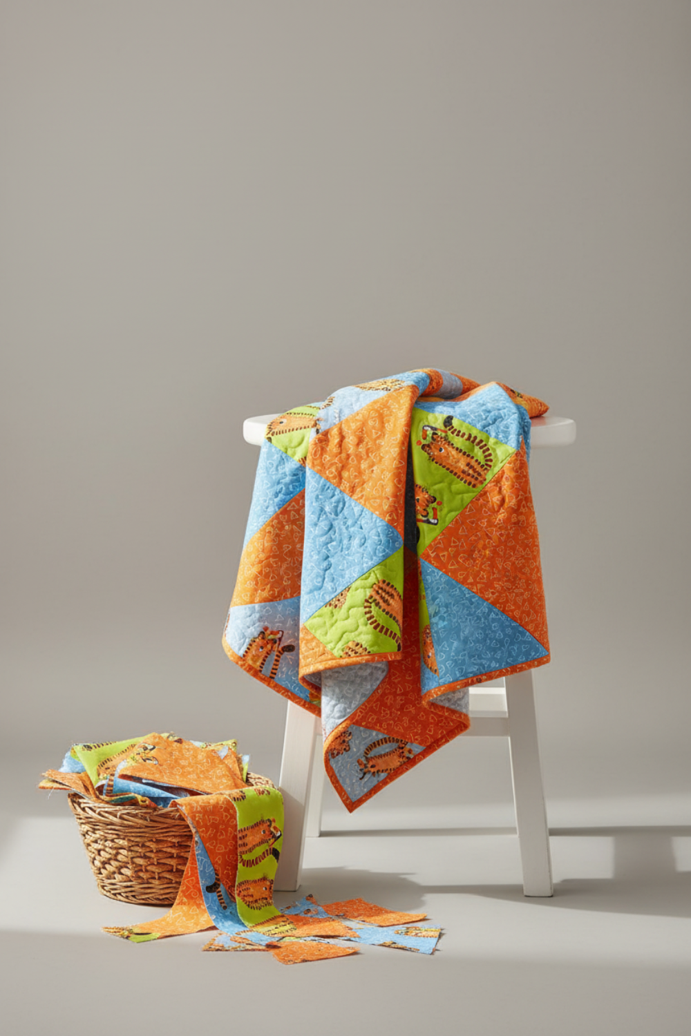 Safari Fun Floating Triangles Orange by Terry Runyan for Benartex – finished half-square triangle quilt in orange, blue, and green Safari Fun fabrics draped over a white stool with fabric scraps in a wicker basket