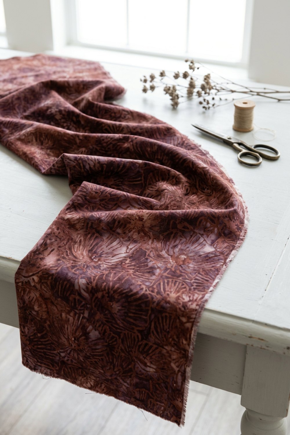 Poppy Seeds Raisin Fabric by Riley Blake Designs draped across a light-gray sewing table beside scissors, a thread spool, and dried flowers.
