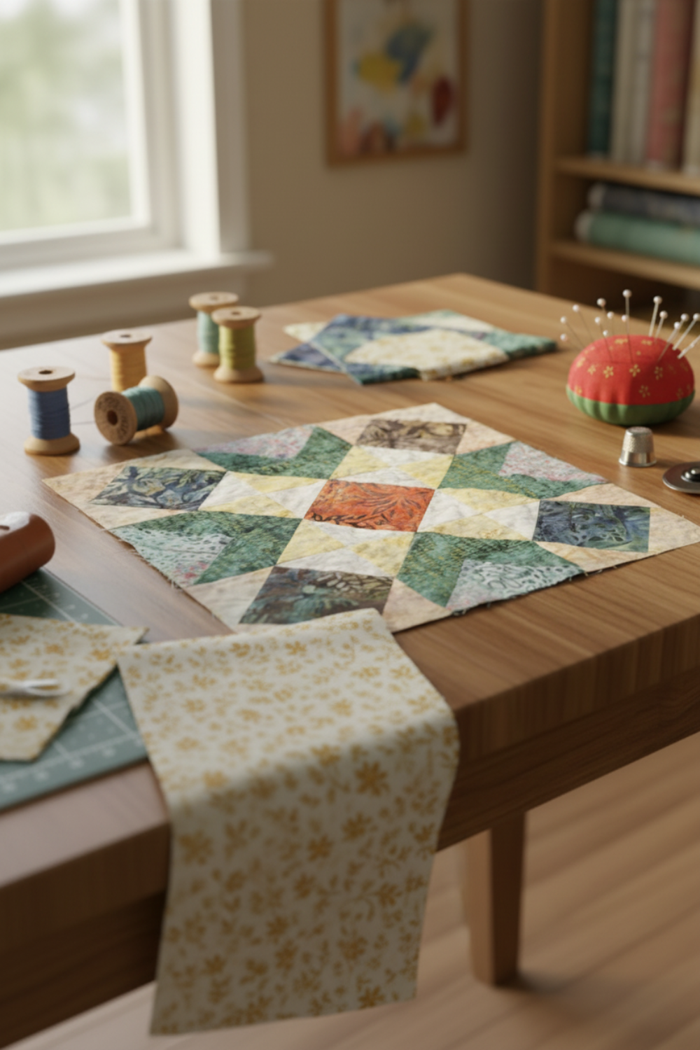 Quilt block featuring Garden of Dreams II Gold Buds 3-yard cut fabric in several pieced sections, with matching folded fabric, thread spools, pins, and fabric remnants on a sewing-room table. Quilt blocks shown for inspiration. Coordinating fabrics and quilt patterns are available at IraRobi Quilts.