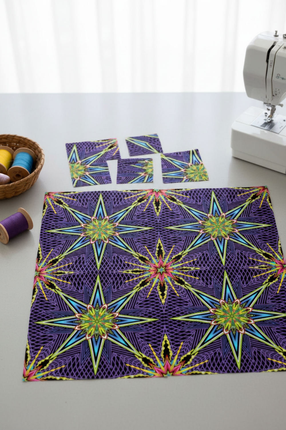 What If Radio Star Purple/Multi quilting fabric in progress with cut star block pieces, sewing machine, and thread basket — Paula Nadelstern for Benartex kaleidoscope quilt project