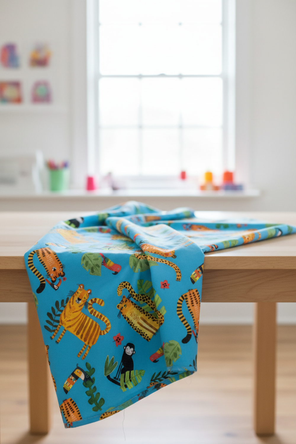 Safari Fun Playful Safari Blue quilting cotton softly draped on a wooden table in a bright children's room — bold novelty jungle animal print by Terry Runyan for Benartex | IraRobi Quilts