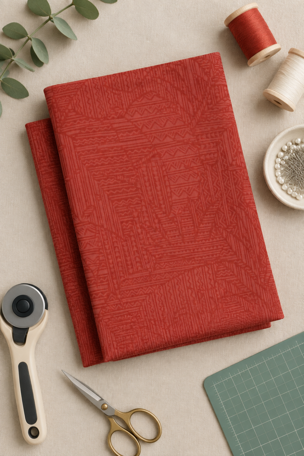 Vertical flat lay of Breezeway Medium Red Palm Patterns fabric surrounded by quilting tools, red and cream thread, scissors, pins, and a cutting mat.