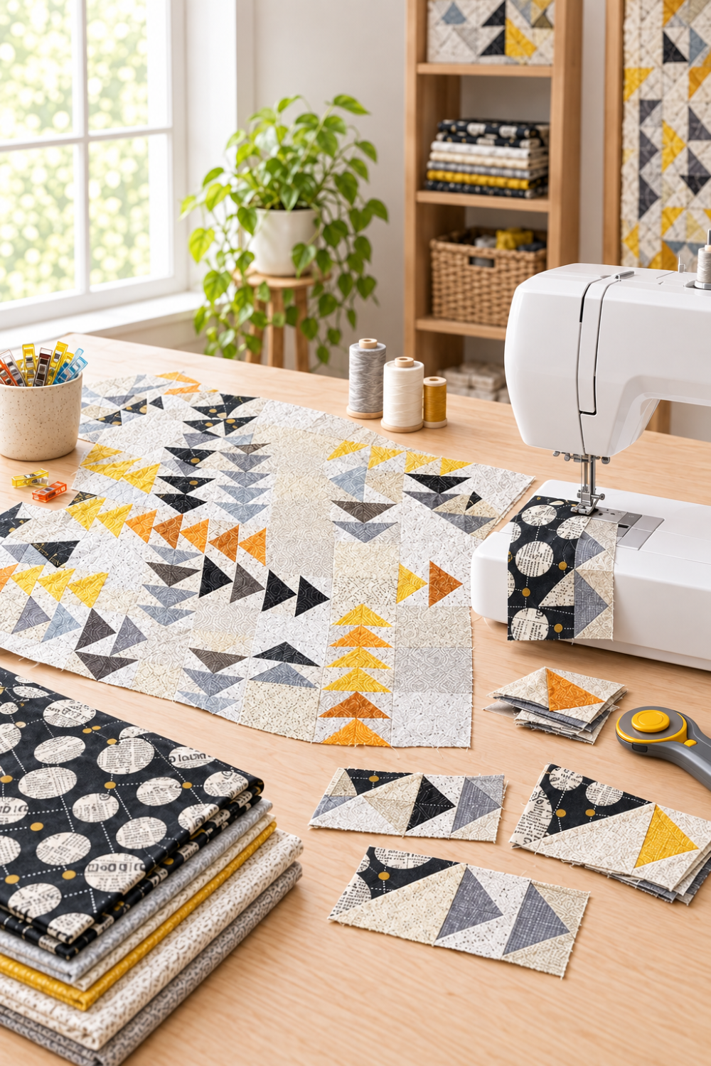Vertical Pinterest view of an unfinished Spotted Geese quilt featuring Celestial News Dropping Onyx fabric beside an unbranded sewing machine and quilting tools. Quilts shown for inspiration feature the Spotted Geese Quilt Pattern by Zen Chic — all available at IraRobi Quilts.