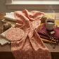 The Fox Homestead Pink Leaves And Berries by Stacy West for Henry Glass — dusty rose-terracotta quilting cotton with gold, cream, and burgundy leaf-and-berry sprig print, 100% cotton, 43–44" wide
