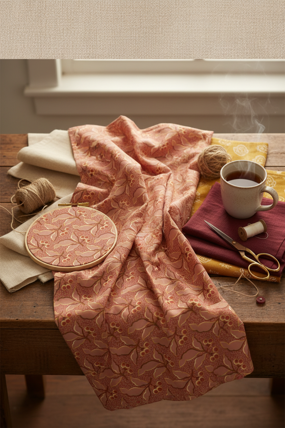 The Fox Homestead Pink Leaves And Berries by Stacy West for Henry Glass — dusty rose-terracotta quilting cotton with gold, cream, and burgundy leaf-and-berry sprig print, 100% cotton, 43–44" wide