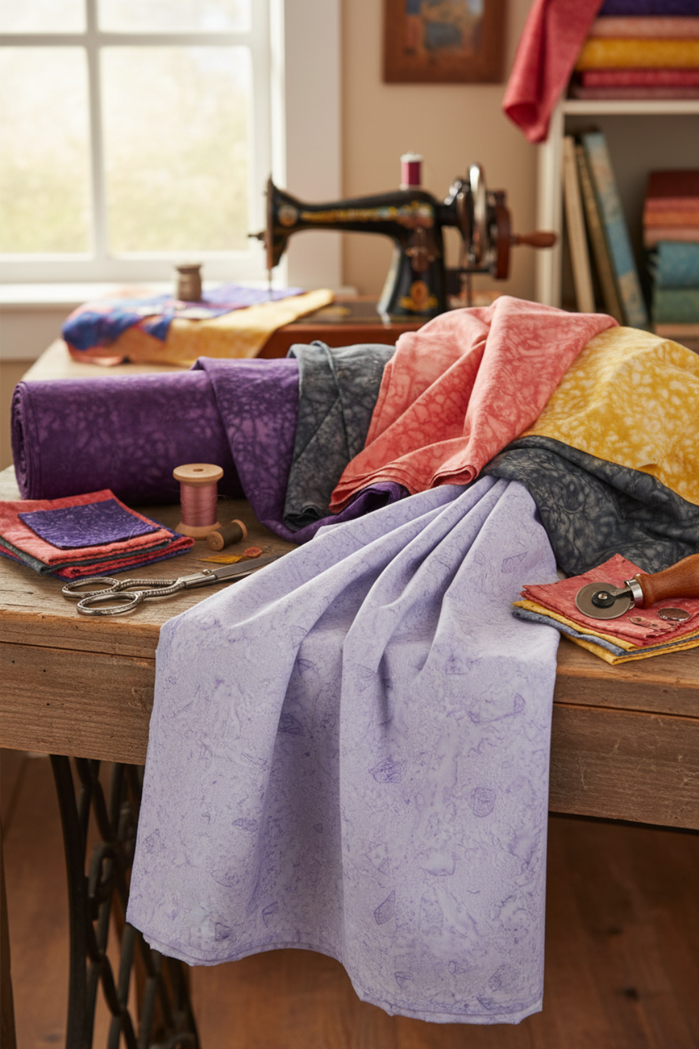 Pale lavender-periwinkle hand-dyed batik quilting fabric styled with coordinating jewel-tone batiks – Expressions Batiks Hand-Dyes Periwinkle by Riley Blake Designs – shop fabric at IraRobi Quilts | #batikfabric #quiltingcotton #periwinklefabric #rileyblake #quilting