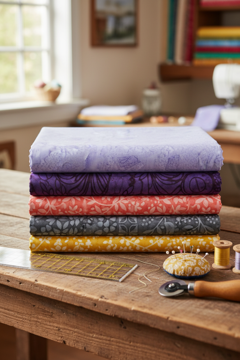 Pale lavender-periwinkle hand-dyed batik quilting fabric folded and stacked with coordinating jewel-tone fabrics in dark purple, coral, charcoal and gold. Expressions Batiks Hand-Dyes Periwinkle by Riley Blake Designs – shop fabric at IraRobi Quilts | #batikfabric #quiltingcotton #periwinklefabric #rileyblake #quilting