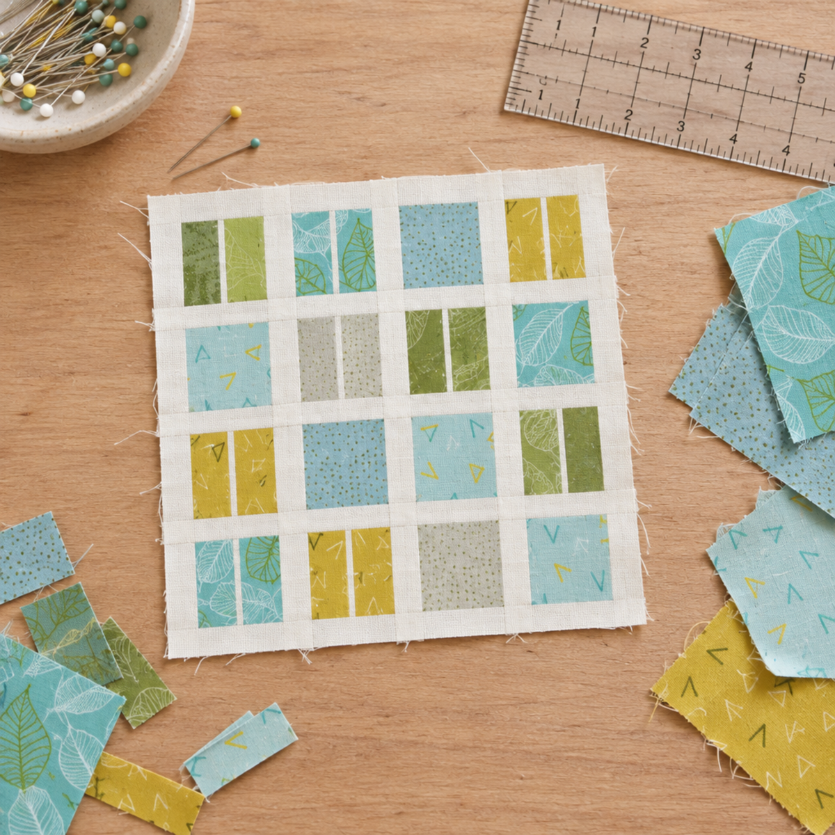 Work-in-progress quilt block with Olive You fabric remnants in leaf green, aqua, blue, and yellow on a sewing table. Quilts shown for inspiration feature the Play a Card Quilt Pattern by Zen Chic — all available at IraRobi Quilts.