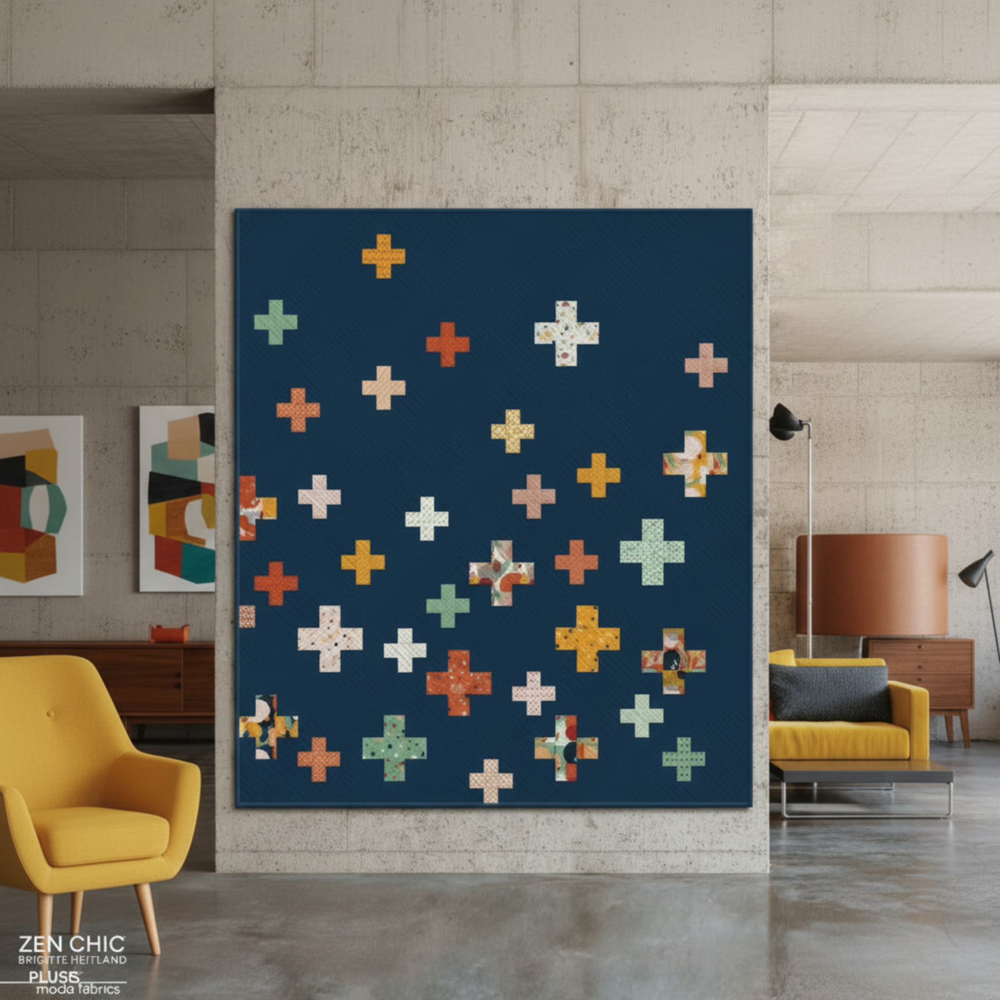 Spotted Mood Dark Blue fabric by Zen Chic for Moda Fabrics shown as the background in a modern plus-block quilt with coordinating warm-toned fabrics — available at IraRobi Quilts.