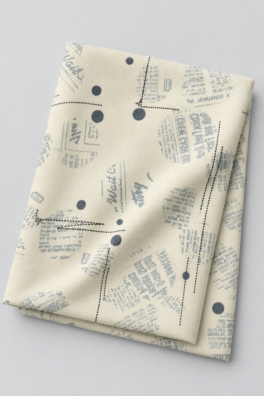 Folded Eggshell News Dropping fabric by Zen Chic for Moda Fabrics on a light gray background, showing its newsprint-style fragments, charcoal dots, and dotted lines.