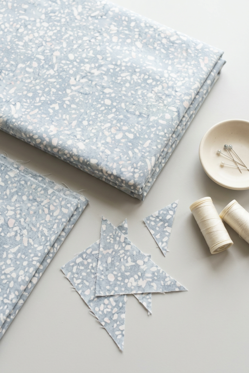 Folded Terrazzo Powdered Pearl Fabric by Riley Blake Designs beside matching triangular remnants, ivory thread spools, and a ceramic dish holding pins.