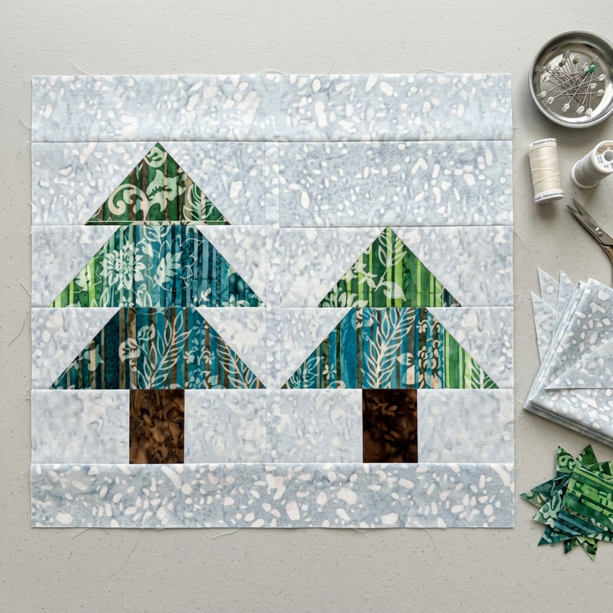 Unfinished panel with two green and teal patchwork trees against a Powdered Pearl print background, beside pins, thread, scissors, and fabric remnants. Quilt blocks shown for inspiration. Coordinating fabrics and quilt patterns are available at IraRobi Quilts.