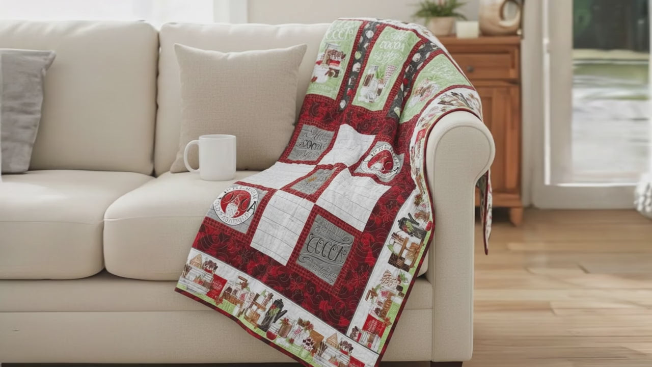 Handmade cocoa-themed winter quilt in red and green.