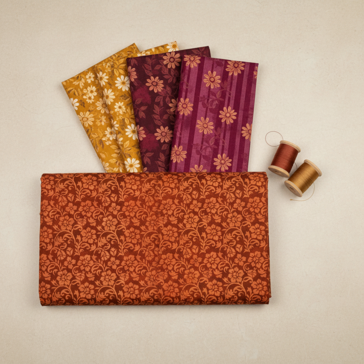 Prism II Rust Floral Vines 3 Yard Cut quilting cotton by Jason Yenter for In The Beginning Fabrics — folded stack with coordinating Prism II fabrics in golden mustard daisy-vine, burgundy-plum botanical, and violet-magenta daisy-vine stripe, all 100% cotton, 43–44" wide.